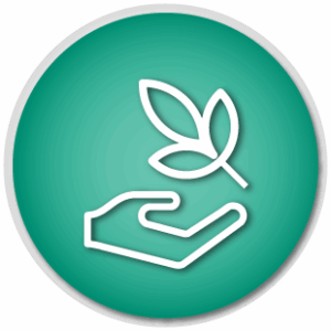 A donation icon showing a giving hand with a three-leaf symbol above it, in white on a green background