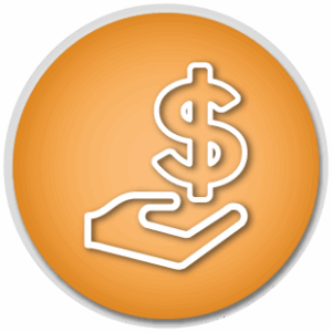 A donation icon showing a giving hand with a dollar symbol above it, in white on an orange background