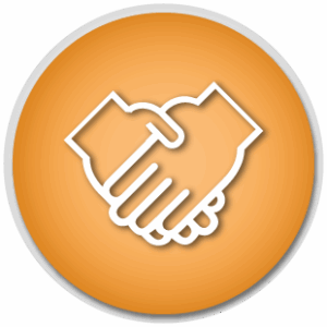 A sponsorship icon showing two shaking hands in white on an orange background