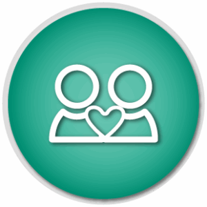 A teamwork and collaboration icon showing two people with a heart between them, in white on a green background