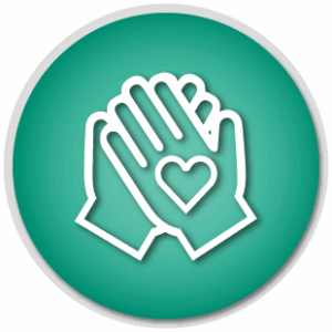 A volunteer icon showing two hands together with a heart in the center, white design on a green background